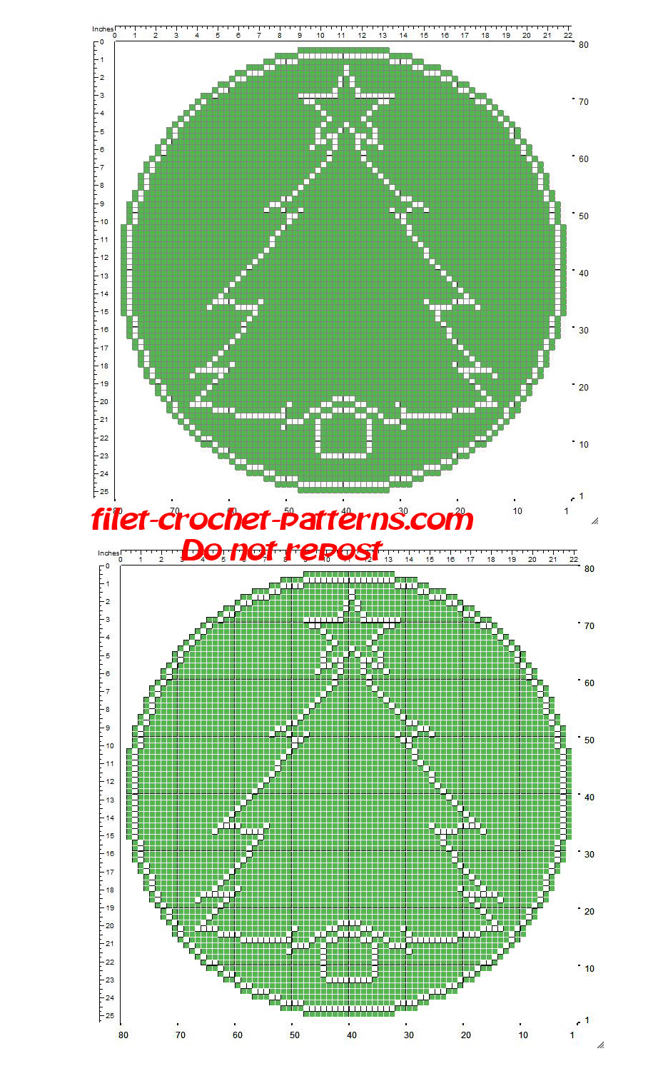 Free crochet filet pattern round green small doily with Christmas tree
