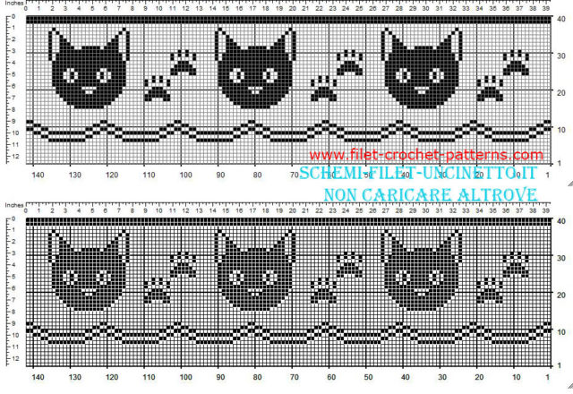 Free filet crochet border pattern with cat faces and fingerprints width 34 squares