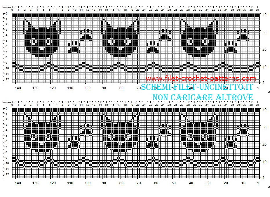 Free filet crochet border pattern with cat faces and fingerprints width 34 squares
