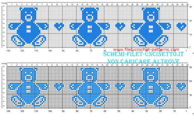 Free filet crochet border pattern with teddy bears and hearts height 30 squares blue color