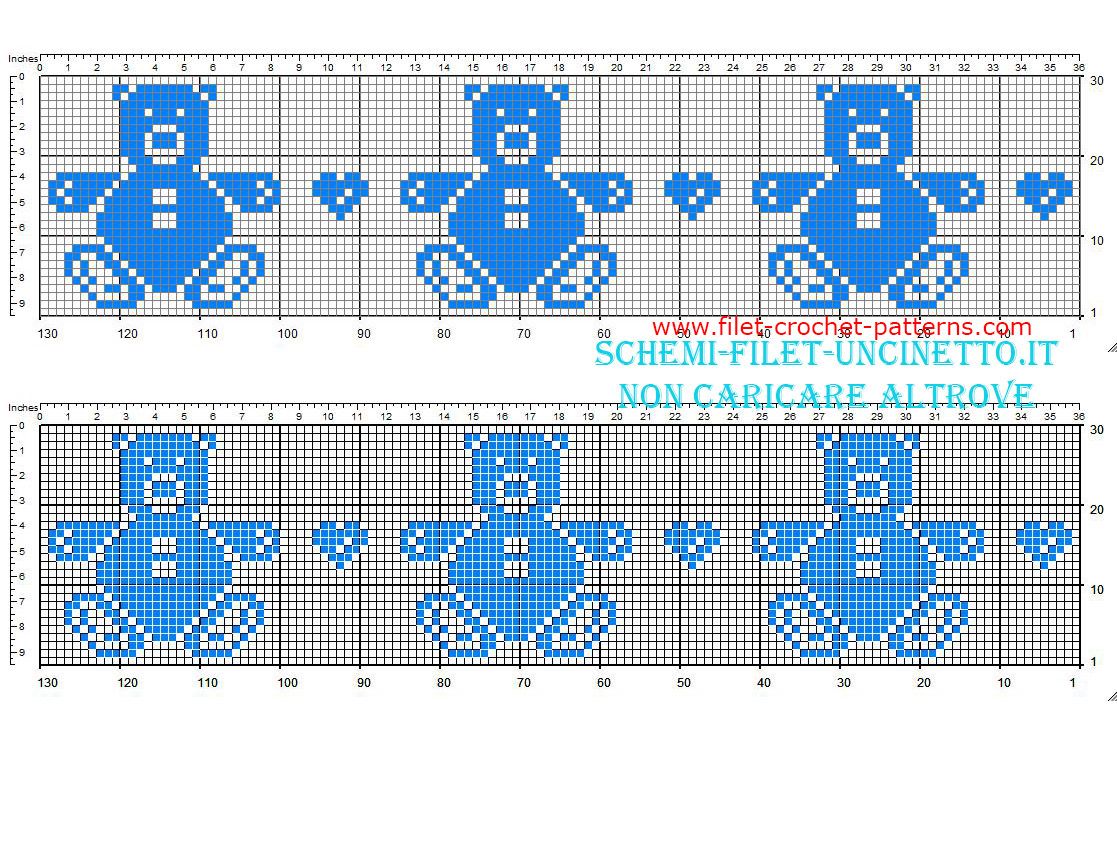 Free filet crochet border pattern with teddy bears and hearts height 30 squares blue color