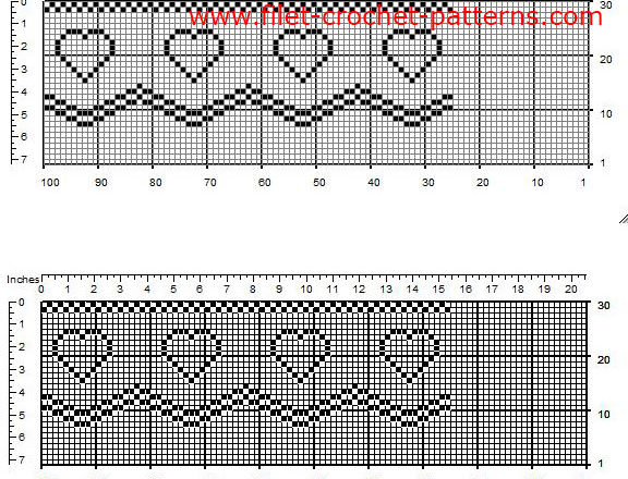 Free filet crochet border with small hearts width 23 squares