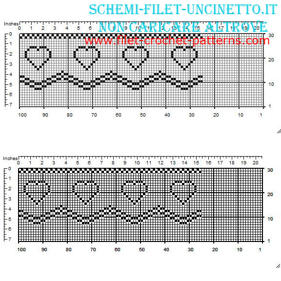 Free filet crochet border with small hearts width 23 squares