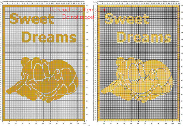 Free filet crochet pattern baby blanket with Disney baby Pluto and text sweet dreams