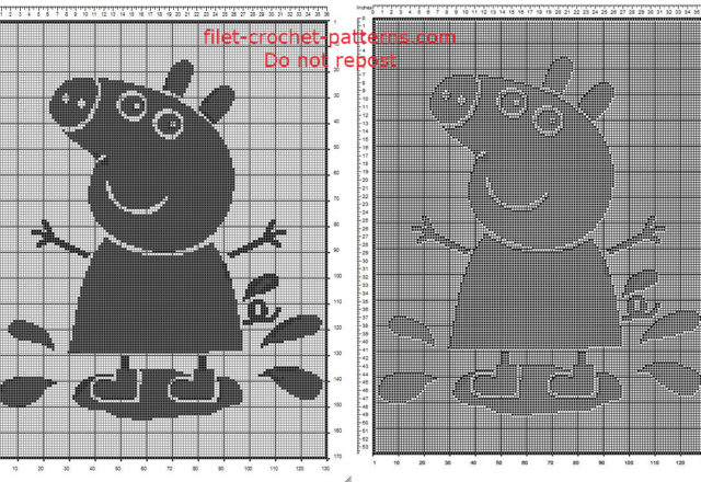 Free filet crochet pattern baby blanket with Peppa Pig jumping 130 x 170 squares