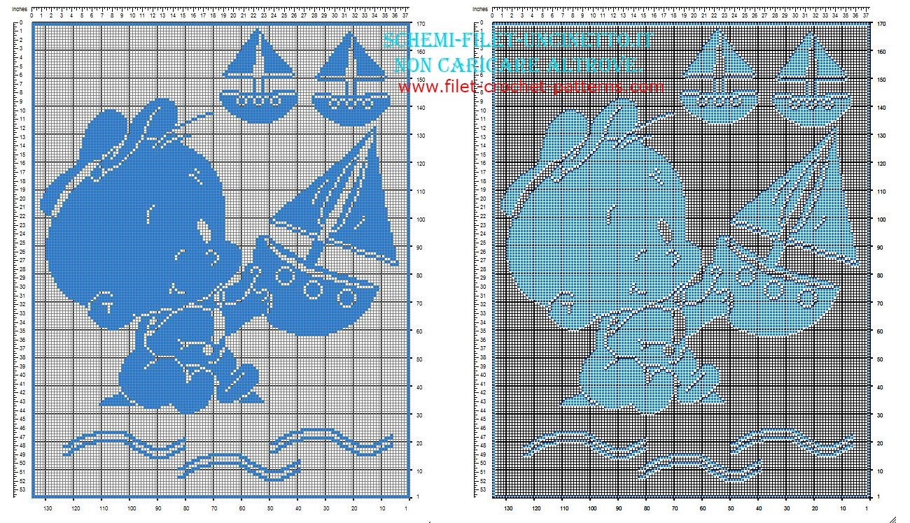 Free filet crochet pattern baby blanket with Popeye and small boats