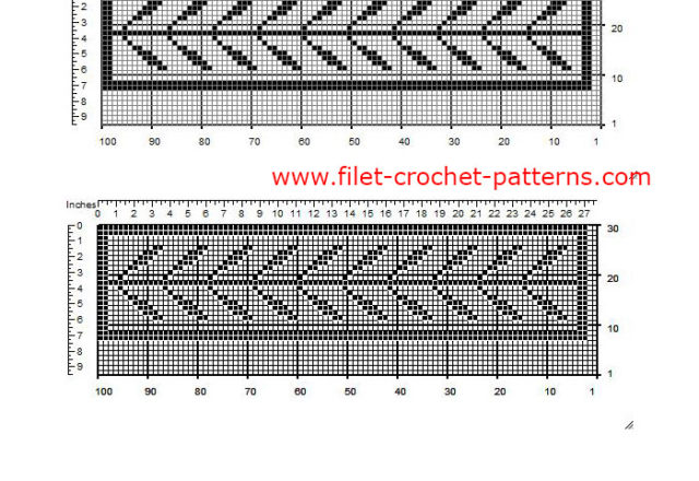Free filet crochet pattern border with long leaves width 33 squares made with software