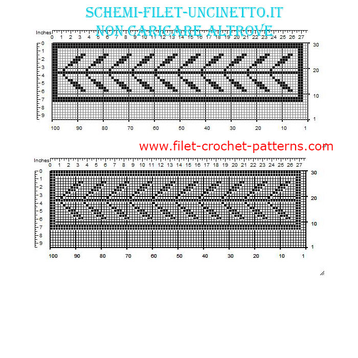 Free filet crochet pattern border with long leaves width 33 squares made with software