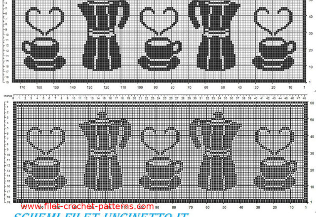 Free filet crochet pattern curtains with coffee pot and cups