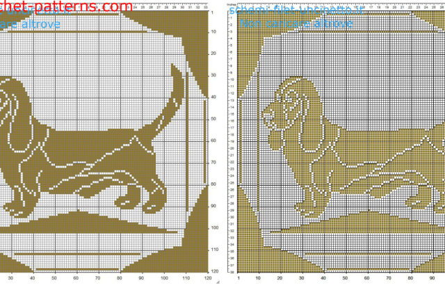 Free filet crochet pattern pillow with brown dog dachshung 120 squares