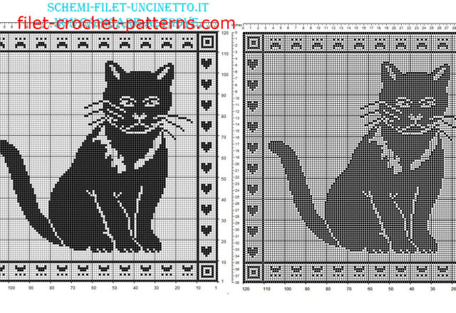 Free filet crochet pattern pillow with cat 120 squares