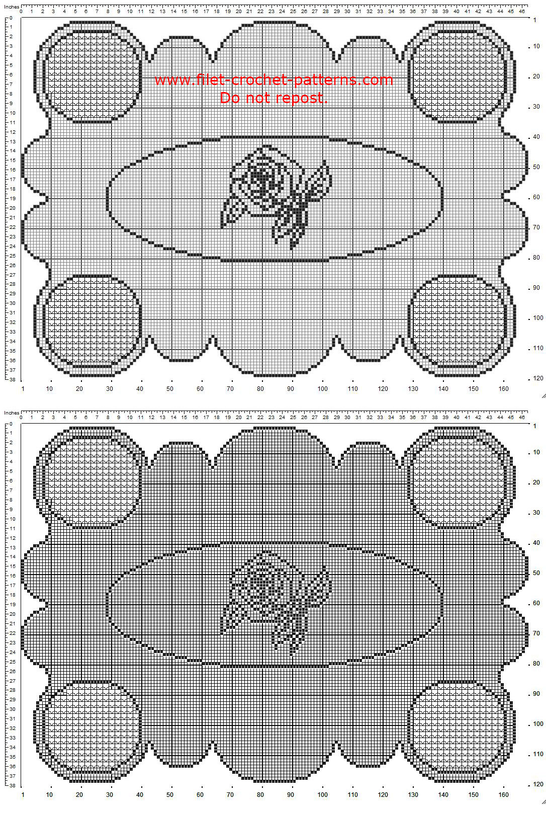 Free filet crochet pattern rectangular doily with geometric round shapes and a rose