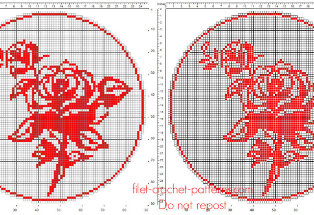 Free filet crochet pattern round doily red color with roses size 90 squares