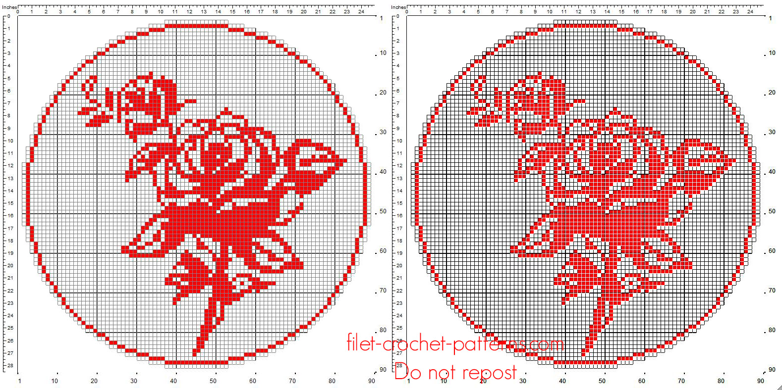 Free filet crochet pattern round doily red color with roses size 90 squares
