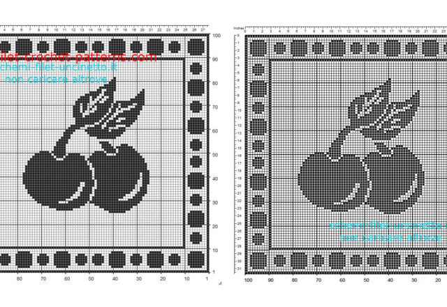 Free filet crochet pattern square doily with fruit cherries 100 squares