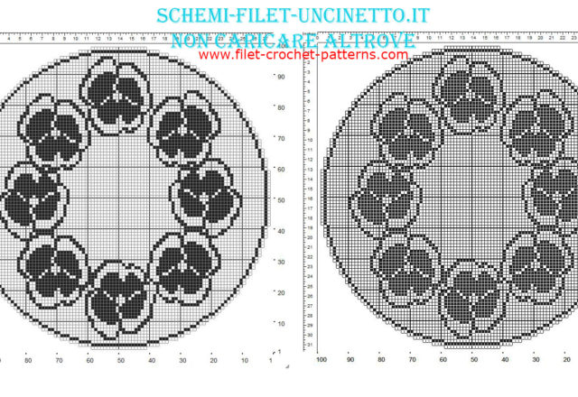 Free filet crochet round doily with violas flowers diameter 100 squares