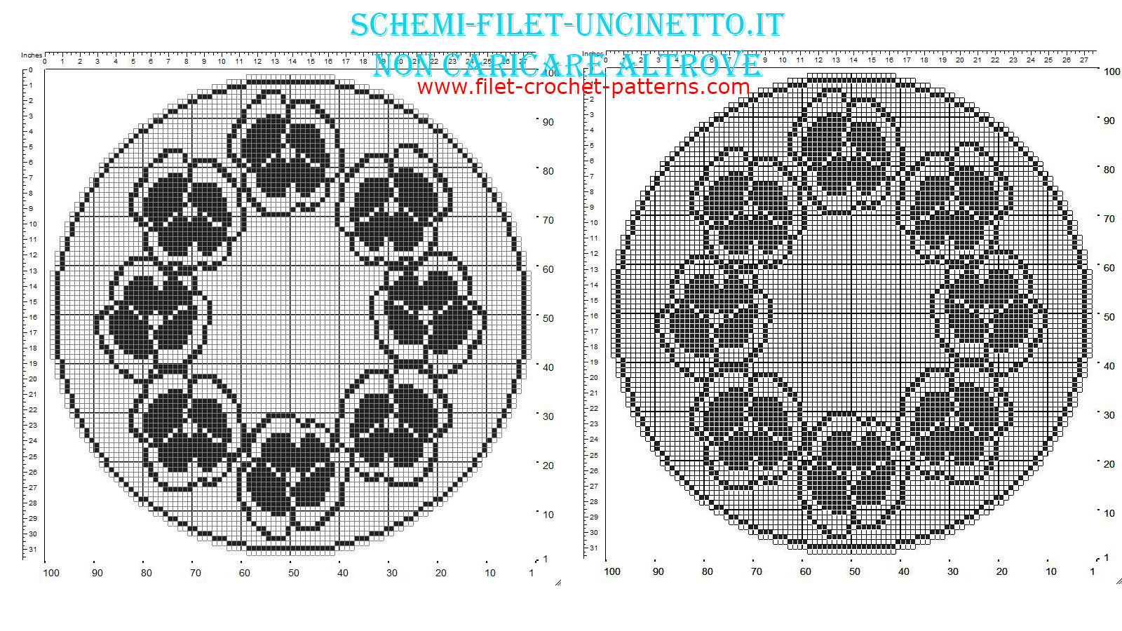 Free filet crochet round doily with violas flowers diameter 100 squares