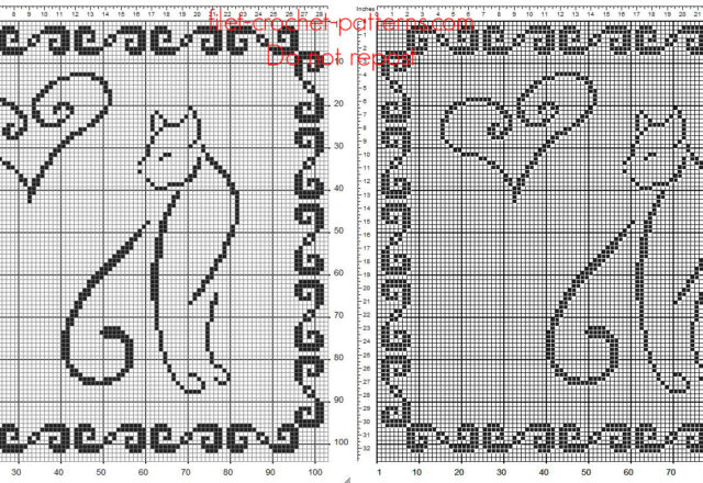 Free filet crochet square doily with cats and hearts free download