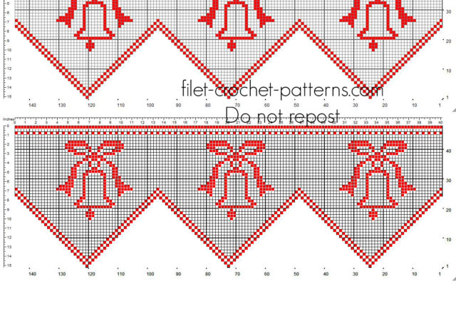 Free pattern Christmas red border crochet filet with Christmas bells