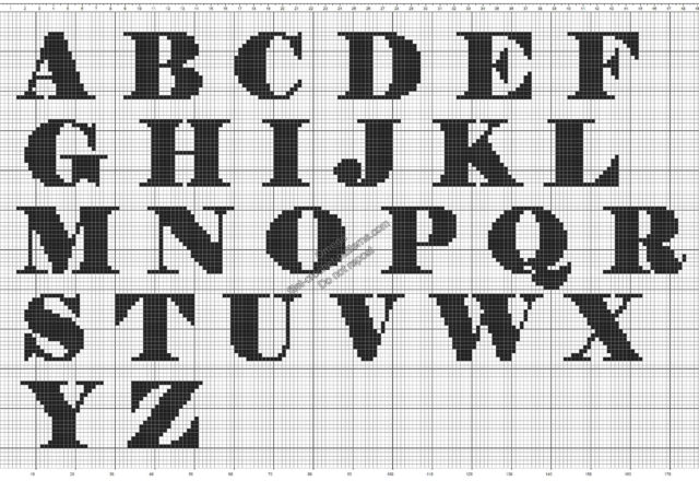 Free pattern crochet filet alphabet Elephant Font uppercase medium height 17 squares max 21