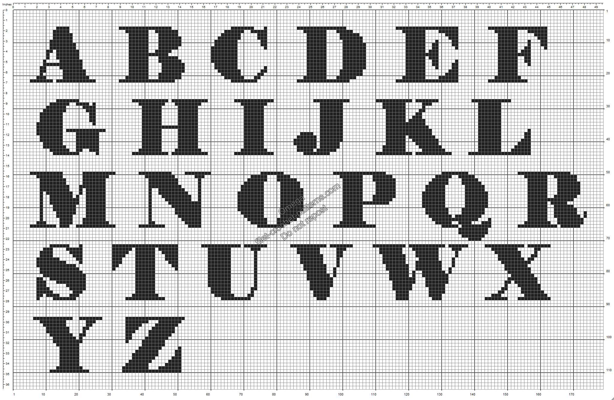 Free pattern crochet filet alphabet Elephant Font uppercase medium height 17 squares max 21