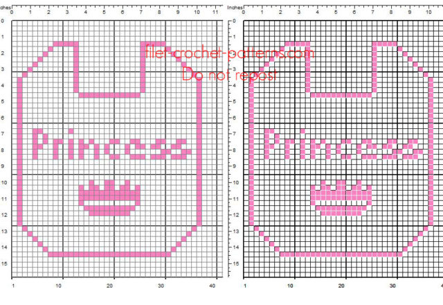Free pattern crochet filet baby bib with text Princess and pink crown