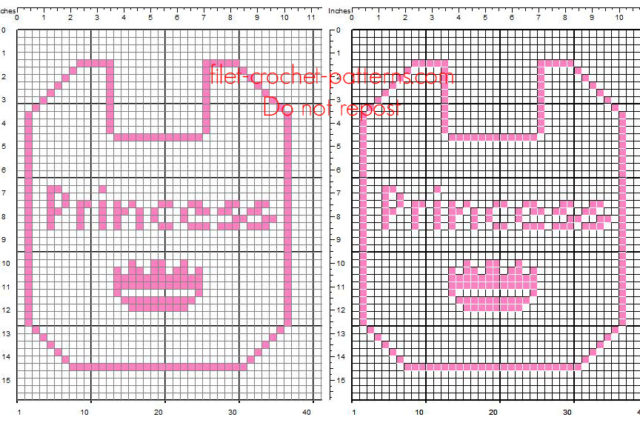Free pattern crochet filet baby bib with text Princess and pink crown