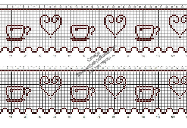 Free pattern crochet filet border with cups of coffee and hearts height 30 squares