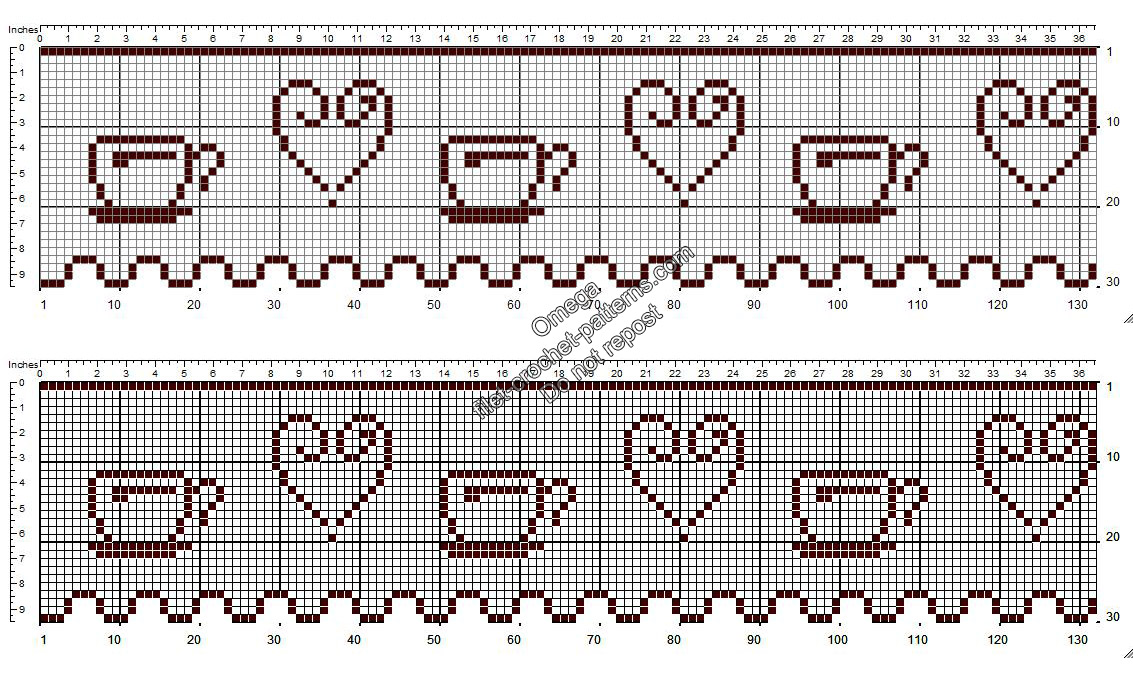 Free pattern crochet filet border with cups of coffee and hearts height 30 squares