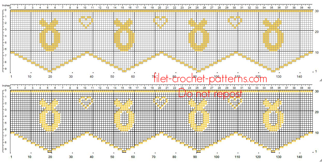 Free pattern filet crochet border with italian biscuits torcetti and small hearts height 30 squares