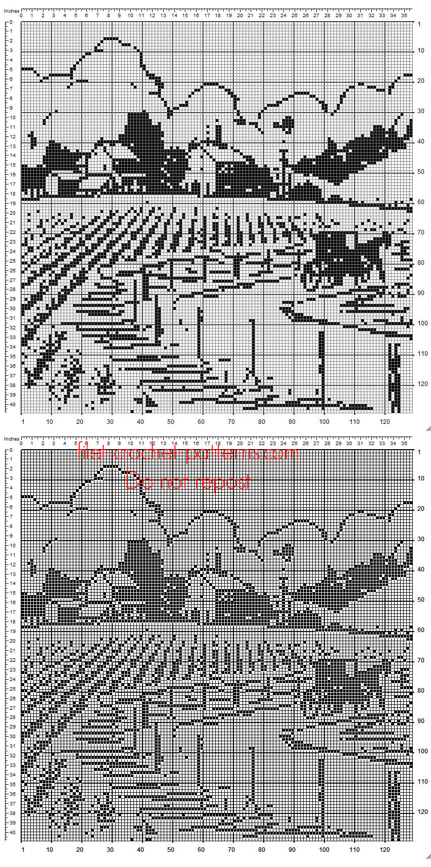 Home painting crochet filet pattern with landscape of a farm