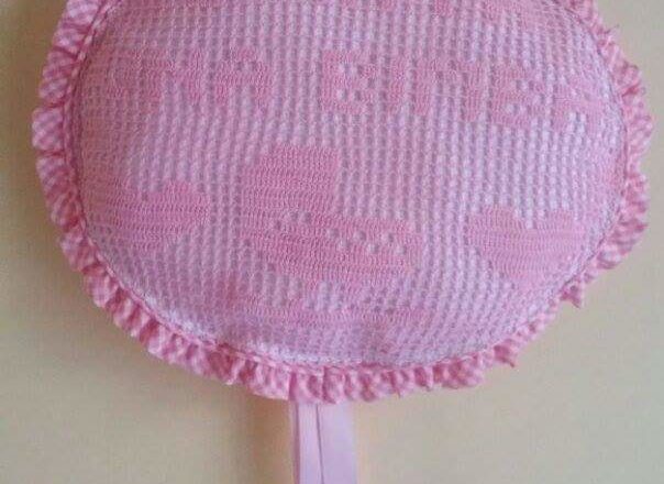 Pink crochet filet birth bow it