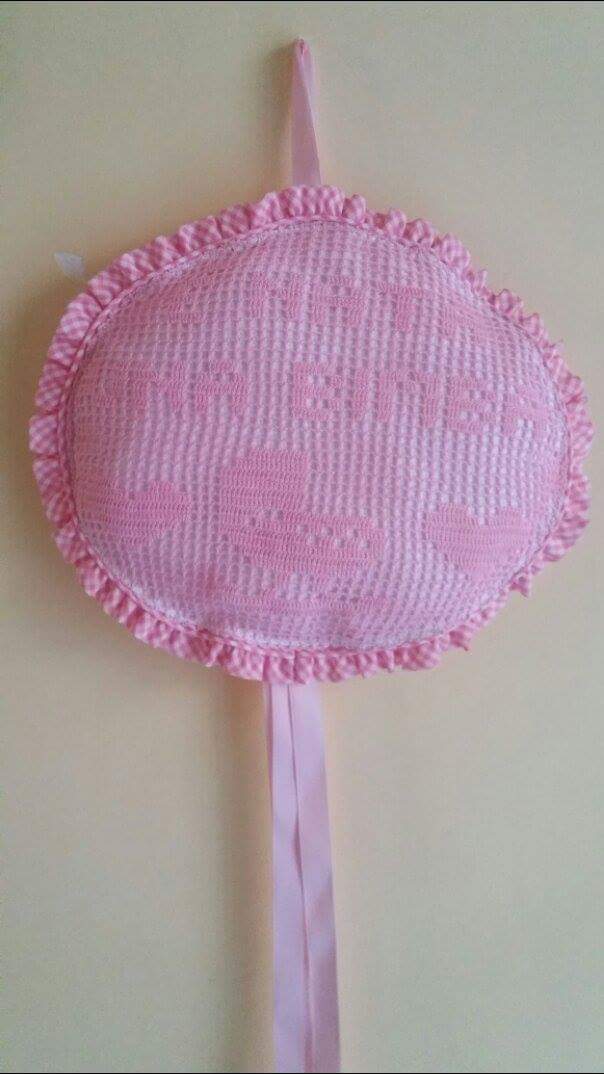 Pink crochet filet birth bow it