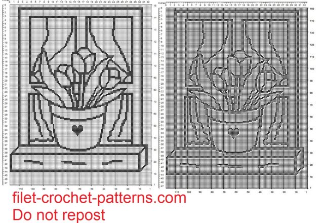 curtain filet crochet pattern vase of tulips on window